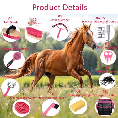 Terpup Horse Grooming Kit 13 Piece Horse Brushes For Grooming Supplies With Tote Bag Horses Tack Brush Set For Effective Grooming And Cleaning For Horse Riders Beginners (Pink)
