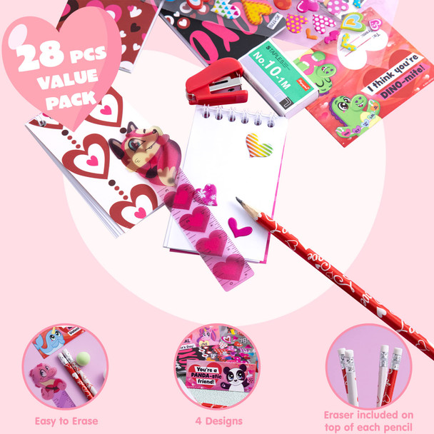 JOYIN 28 Packs Valentine's Day Stationery Set with Gift Card for Kids, Includes Pencils Rulers Notebook and Stickers for Classroom Exchange Party Favors Supplies