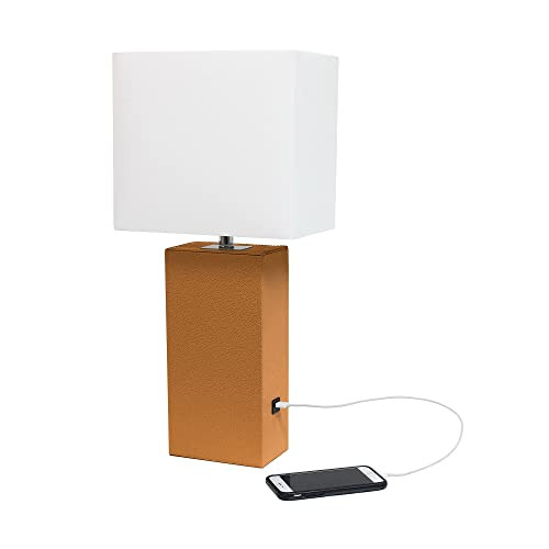 LALIA HOME Lexington 21" Leather Base Modern Home Decor Bedside Table Lamp with USB Charging Port with White Rectangular Fabric Shade, Blue
