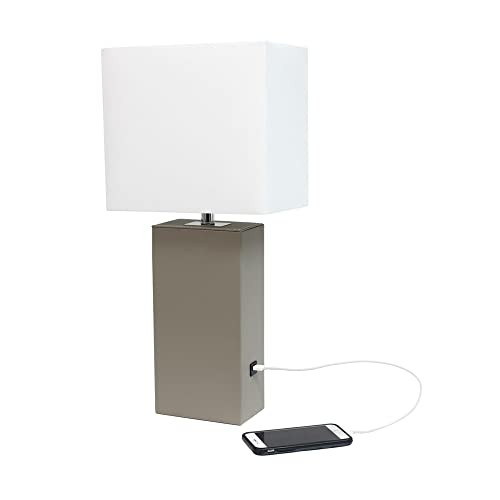 LALIA HOME Lexington 21" Leather Base Modern Home Decor Bedside Table Lamp with USB Charging Port with White Rectangular Fabric Shade, Blue