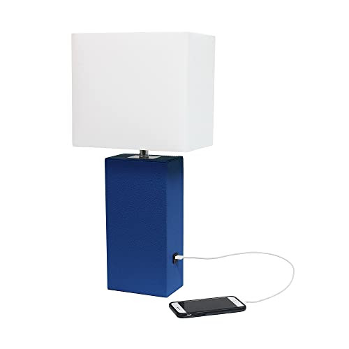 LALIA HOME Lexington 21" Leather Base Modern Home Decor Bedside Table Lamp with USB Charging Port with White Rectangular Fabric Shade, Blue