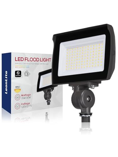 LEONLITE 30W/15W Adjustable LED Flood Light Outdoor with Knuckle Mount UL Listed 5000K/4000K/3000K Selectable 120/277V Security Flood Lighting for Yard Garage IP65 Waterproof Brown