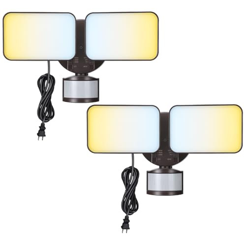 LEONLITE 25W 3CCT Plug in LED Security Light Motion Sensor & Dusk to Dawn Flood Lights Outdoor 3 Lighting Modes Adjustable 2-Head 3000K/4000K/5000K Selectable ETL&FCC Listed Bronze Pack of 2