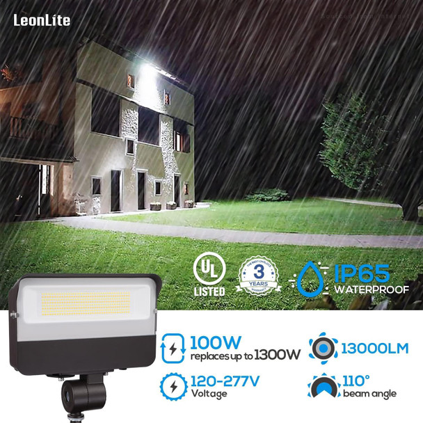 LEONLITE 3CCT 100W Knuckle Mount LED Flood Light Adjustable, 13,000LM Outdoor Security Lights, 120-277V, LED Barn Light, Dimmable Wall Mount Flood Lights for Yard, 3000K 4000K 5000K, IP65, UL Listed