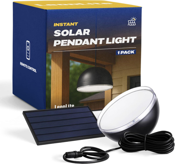 LEONLITE 3CCT Solar Powered Pendant Light, 50%/100% Dimmable, Auto Dusk to Dawn, Solar Hanging Lights with Remote Control, 3000K/4000K/6500K Selectable, IP65, Black