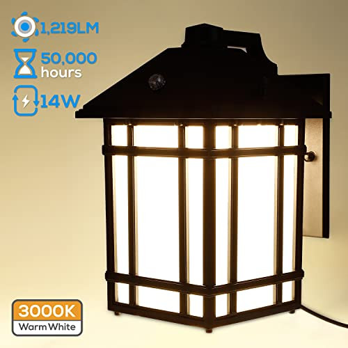 LEONLITE Dusk to Dawn Outdoor Wall Lights, 1219lm 14W LED Wall Sconce Light Fixtures, Frosted Glass Exterior Wall Lantern, Waterproof Porch Lights, ETL & ES Listed, 3000K Warm White