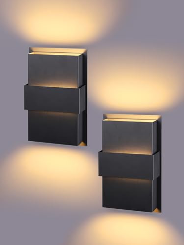 LEONLITE 5CCT LED Square Up Down Wall Lights Outdoor, 110V-277V ETL Listed IP65 Waterproof Modern Porch Light, 12 Inch Matte Black Wall Sconce, 2700K/3000K/3500K/4000K/5000K, Pack of 2