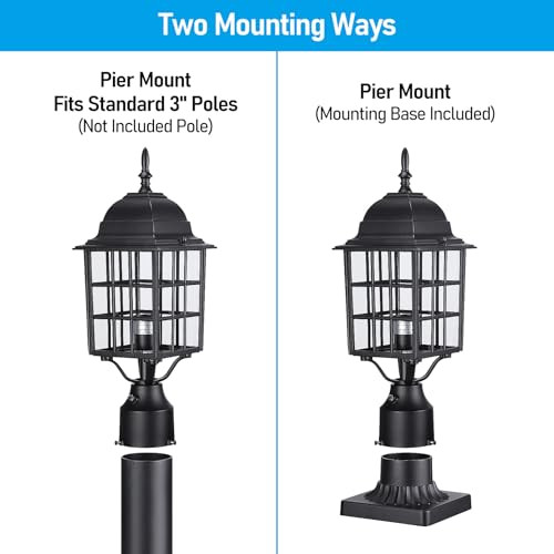LEONLITE 17 Inch Dusk to Dawn Outdoor Post Light, Post Lantern with Pier Mount Base, Aluminum Classical Pole Lantern, Clear Glass Exterior Lamp Post Light Fixture for Patio, UL Listed, E26 Base, Black