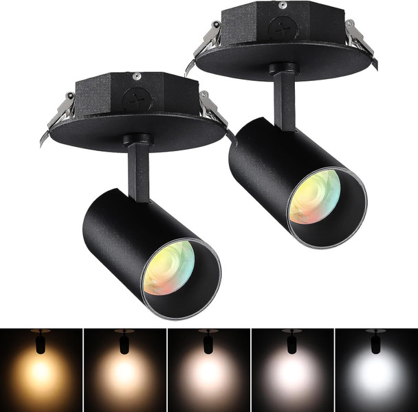 LEONLITE 5 Color Dimmable LED Ceiling Spotlight with Included Junction Box, CRI90 Adjustable Spotlight Directional LED Spot Lights IP65 Outdoor Indoor, 110V-277V, Black Aluminum Housing, Pack of 2