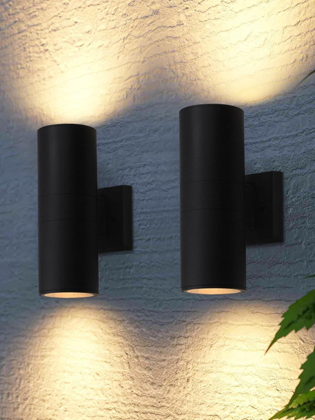 LEONLITE Modern Outdoor Cylinder Wall Lights 12", Porch Light in 2 Lights, Up Down Lights, Matte Black Waterproof Wall Sconce, Aluminum, E26 Base, Exterior Light Fixture Wall Mount, ETL, Pack of 2