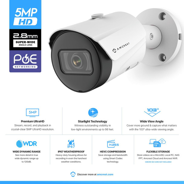Amcrest UltraHD 5MP Outdoor POE Camera 2592 x 1944p Bullet IP Security Camera, Outdoor IP67 Waterproof, 103° Viewing Angle, 2.8mm Lens, 98.4ft Night Vision, 5-Megapixel, IP5M-B1186EW-28MM (White) Amcrest UltraHD 5MP Outdoor POE Camera 2592 x 1944p Bullet IP Security Camera, Outdoor IP67 Waterproof, 103° Viewing Angle, 2.8mm Lens, 98.4ft Night Vision, 5-Megapixel, IP5M-B1186EW-28MM (White)