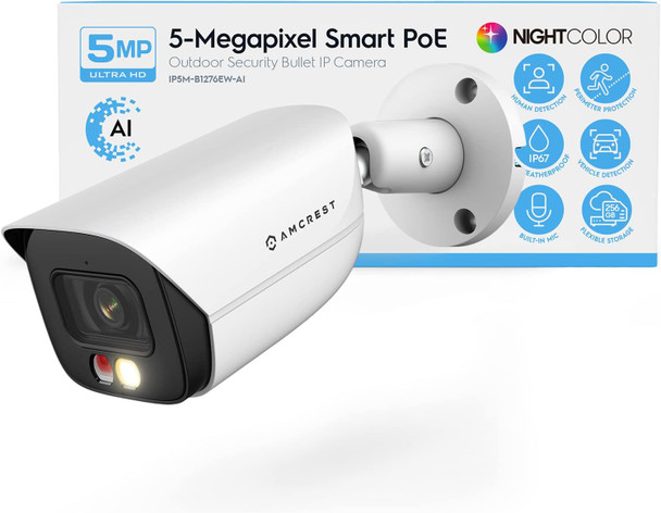 Amcrest 5MP IP PoE AI Camera w/ 49ft Color Night Vision, Security Outdoor Bullet Camera, Built-in Microphone, Human & Vehicle Detection, Active Deterrent, 129° FOV, 5MP@20fps IP5M-B1276EW-AI (White) Amcrest 5MP IP PoE AI Camera w/ 49ft Color Night Vision, Security Outdoor Bullet Camera, Built-in Microphone, Human & Vehicle Detection, Active Deterrent, 129° FOV, 5MP@20fps IP5M-B1276EW-AI (White)