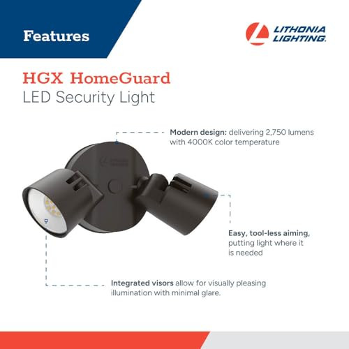 Lithonia Lighting HomeGuard 2-Light LED Outdoor Flood Lights Wall or Ceiling Mount Outdoor Lights 4000K Cool White Round Heads Dark Bronze 2-Pack (HGX LED 2RH 40K 120 DDB CP2 M2)