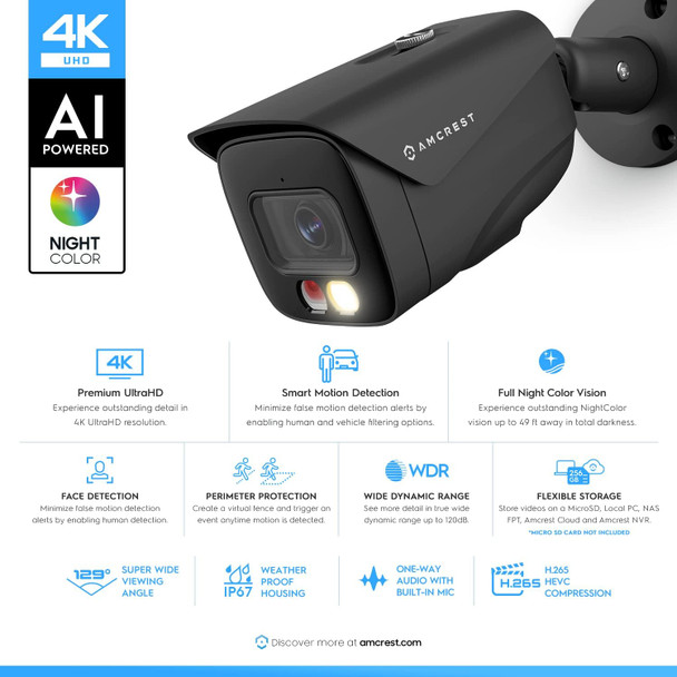 Amcrest UltraHD 4K (8MP) IP PoE AI Camera, FOV 129°, 49ft Color Nightvision, Security Outdoor Bullet Camera, Human & Vehicle Detection, Active Deterrent, 4K @15fps, IP8M-2796EB-AI (Black) Amcrest UltraHD 4K (8MP) IP PoE AI Camera, FOV 129°, 49ft Color Nightvision, Security Outdoor Bullet Camera, Human & Vehicle Detection, Active Deterrent, 4K @15fps, IP8M-2796EB-AI (Black)