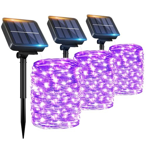 OHLUX 3 Pack Solar String Lights Outdoor, Total 99FT 300LED Solar Powered Fairy Lights Waterproof, 8 Modes Christmas Lights for Christmas Garden Tree Wedding Patio Decor-Purple
