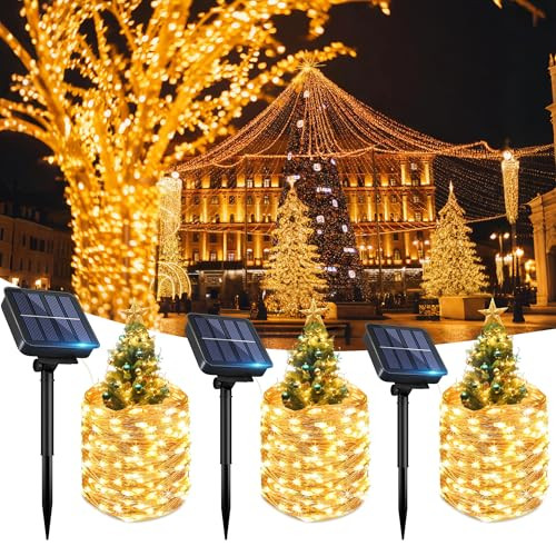 OHLUX 3 Pack Solar String Lights Outdoor, Warm White Total 99FT 300LED Solar Powered Fairy Lights Waterproof, 8 Modes Christmas Lights for Christmas Garden Tree Wedding Patio Decor