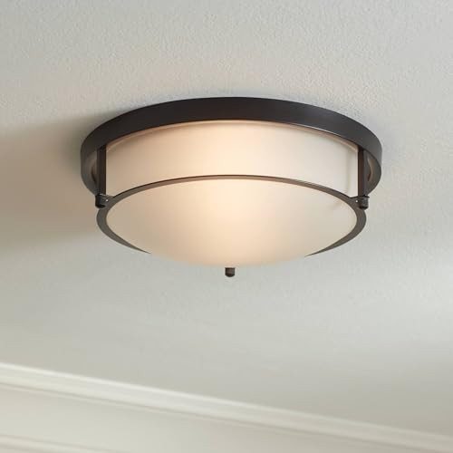 Possini Euro Design Encina 13" Modern Industrial Flush-Mount Ceiling Light Fixture Kitchen Foyer Hallway Round Black White Glass Metal Bedroom Bathroom Entryway Living Room Indoor Office Small