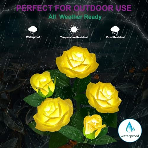 Rirool Solar Flower Lights Outdoor LED Solar Powered Light with 5 Rose Flowers Waterproof Decorative Garden Stake Lights for Patio Pathway Yard (Yellow 1 Pack)
