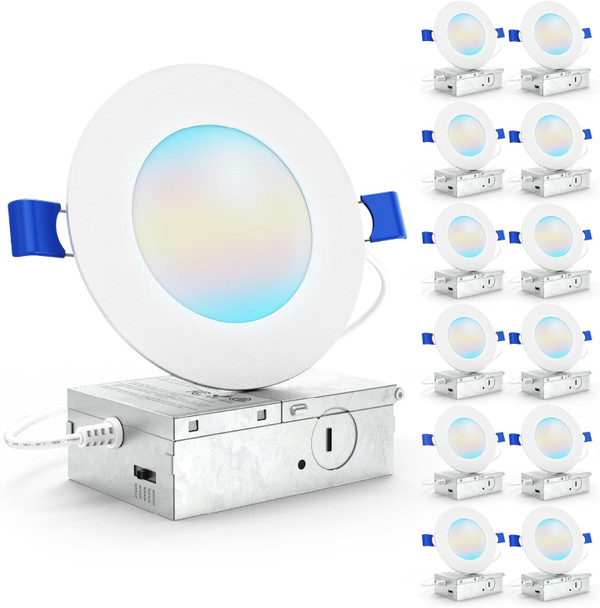 Sunco Lighting Sunco 12 Pack 4 Inch LED Recessed Lights, Canless Ceiling Light Slim, 650 LM, 10W, Selectable CCT 2700K/3000K/4000K/5000K/6000K, Dimmable, Wafer Thin, with Junction Box ETL
