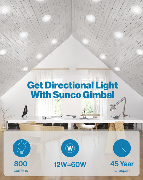 Sunco Lighting LED Can Lights Eyeball Retrofit Gimbal 5/6 Inch Recessed Light Fixture Home Office Dimmable, 12W=60W, 800 LM, Directional Angled Trim Adjustable Downlight, 1 Pack, 3000k Warm White
