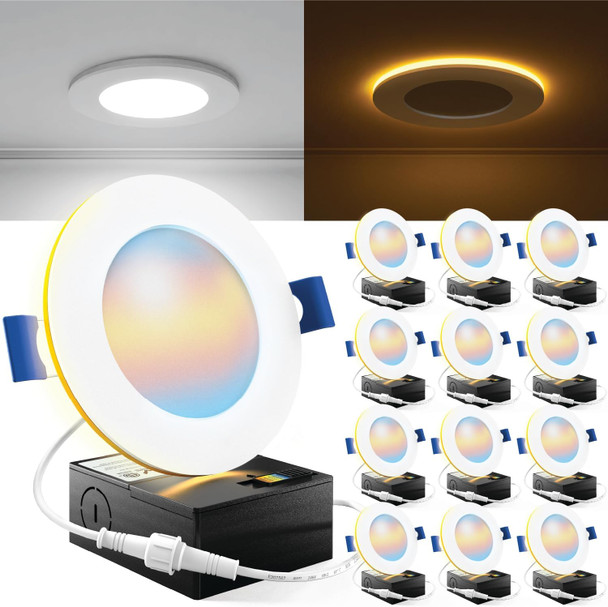 Sunco Lighting Sunco 12 Pack 4 Inch LED Recessed Lights with Night Light, Slim Ceiling Lighting, 900 LM, 11W (110W Equiv), Selectable CCT 2700K/3000K/3500K/4000K/5000K, Dimmable, Canless with Junction Box ETL