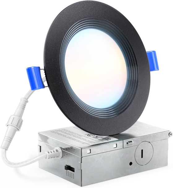 Sunco Lighting Sunco 6 Pack 4 Inch LED Recessed Downlight, Black Baffle Trim, 700 LM, 10W Canless Ceiling Light with Junction Box, Selectable CCT 2700K/3000K/4000K/5000K/6000K, IC Rated, Dimmable, Damp Rated, ETL