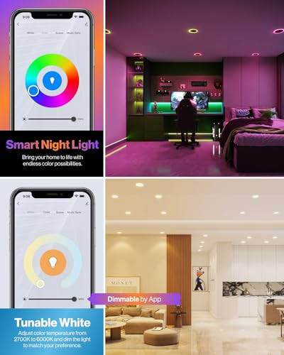 Sunco Lighting Sunco 4 Inch 6 Pack Smart Ultra Thin LED Recessed Ceiling Lights with Night Light, Tunable CCT 2700K to 5000K, Dimmable, 11W, Smooth Trim, Canless with Junction Box.