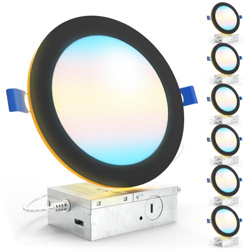 Sunco Lighting Sunco 6 Pack Black Recessed Lights 6 Inch LED, Canless with Night Light, Wafer Thin, 1500 Lumens, Selectable CCT 2700K/3000K/4000K/5000K/6000K, Dimmable, 12W, with Junction Box UL/ETL.