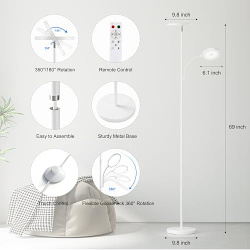 SUNMORY Floor Lamps for Living Room, 48W/4200LM Super Bright LED Floor Lamp with Remote Control, 69" Tall Standing Lamp with Stepless Dimmable, Modern Torchiere Reading Lamp for Bedroom, Office White