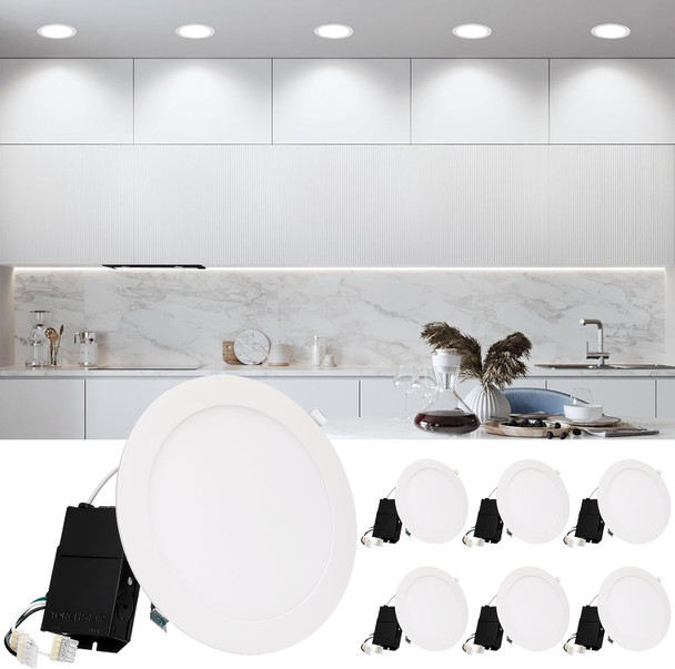 TORCHSTAR Premium Series 8 Inch Ultra-Thin LED Recessed Ceiling Light with J-Box, 18W 10%-100% Dimmable Recessed Downlight, Aluminum, 5000K Daylight, CRI90, ETL Listed, White, Pack of 6