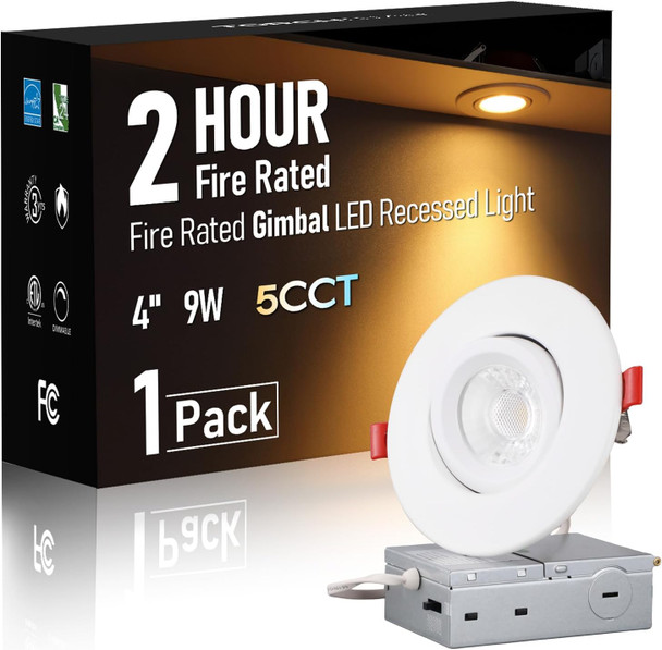 TORCHSTAR 4 Inch 2 Hour Fire Rated Gimbal LED Recessed Light, Meets UL263 & ASTM E119, IC Rated Airtight 9W Canless Downlight with J-Box, 5CCT Dimmable for Fire-Rated Commercial Ceilings