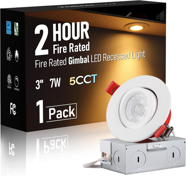 TORCHSTAR 4 Inch 2 Hour Fire Rated Gimbal LED Recessed Light, Meets UL263 & ASTM E119, IC Rated Airtight 9W Canless Downlight with J-Box, 5CCT Dimmable for Fire-Rated Commercial Ceilings