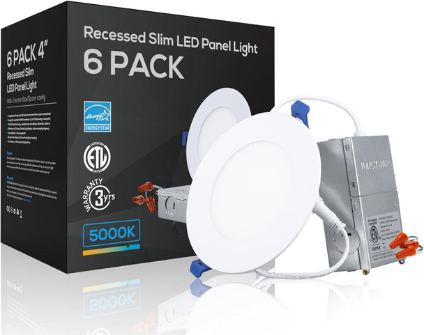 TORCHSTAR 4 Inch Slim Recessed Lighting with Junction Box, CRI90 Aluminum Dimmable 9W Ultra-Thin Recessed Light, 5000K Daylight, 800LM Basic Series LED Downlight, ETL & ES & FCC, Pack of 6