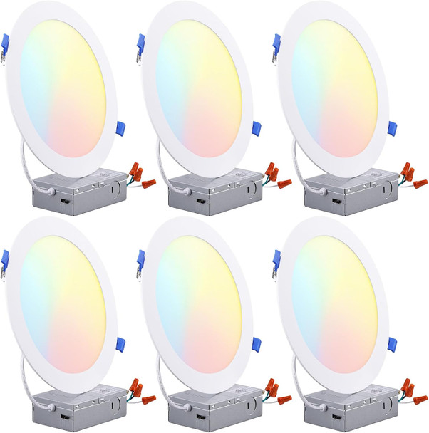 TORCHSTAR 8 Inch 5CCT Ultra-Thin LED Recessed Ceiling Light with Junction Box, CRI90, 27003000350040005000K Selectable, 18W Dimmable Slim Canless Wafer Downlight, ETL & ES & FCC, Pack of 6