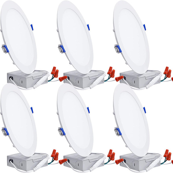 TORCHSTAR 8 Inch 5CCT Ultra-Thin LED Recessed Ceiling Light with Junction Box, CRI90, 27003000350040005000K Selectable, 18W Dimmable Slim Canless Wafer Downlight, ETL & ES & FCC, Pack of 6