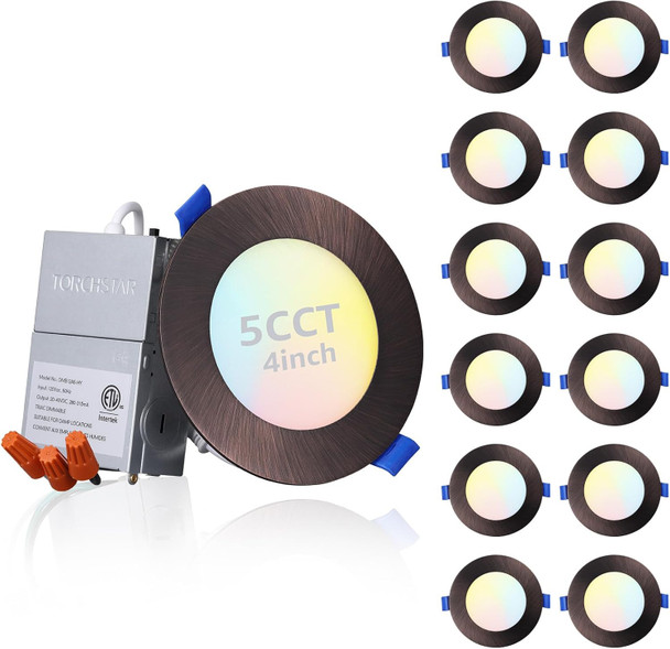 TORCHSTAR 12-Pack 6 Inch 5CCT Ultra-Thin LED Recessed Ceiling Light with J-Box, ETL & ES Listed, 2700K/3000K/3500K/4000K/5000K Selectable, Dimmable Canless Downlight Slim, 12W, Oil Rubbed Bronze