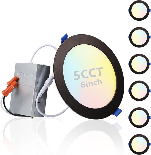 TORCHSTAR E-Lite Series 6 Inch Slim Recessed Lighting with J-Box, 13.5W Ultra-Thin LED Recessed Light, Dimmable Canless Downlight, ETL&ES Listed, CRI90, 4000K Cool White, Oil Rubbed Bronze, Pack of 6