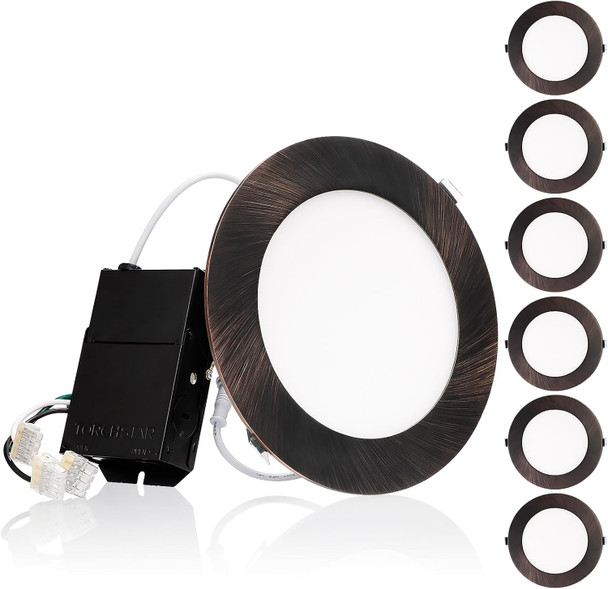 TORCHSTAR E-Lite Series 6 Inch Slim Recessed Lighting with J-Box, 13.5W Ultra-Thin LED Recessed Light, Dimmable Canless Downlight, ETL&ES Listed, CRI90, 4000K Cool White, Oil Rubbed Bronze, Pack of 6