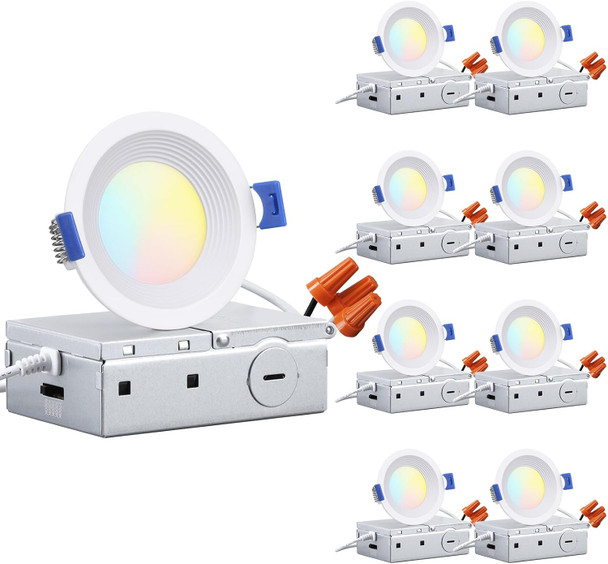 TORCHSTAR 8-Pack 5CCT 4 Inch Slim LED Recessed Lighting with J Box, Anti-Glare Baffle Trim, CRI90 Dimmable Aluminum Ceiling Downlight, Air Tight & IC Rated, 27003000350040005000K Selectable, ETL & ES