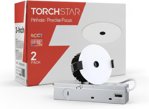 TORCHSTAR 3 Inch 5CCT LED Pinhole Recessed Lights with J-Box, 30° Ultra-Narrow Recessed Ceiling Spotlight for Layered Lighting, IC Rated, Dimmable, Anti-Glare, CRI 90, 2700-5000K, ETL, FCC, Pack of 2