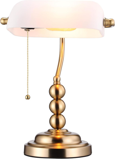 TORCHSTAR Green Glass Bankers Desk Lamp, Antique Desk Lamps with Brass Base, Traditional Library Lamp with Pull Chain, E26 Base, Vintage Desk Lamp for Office, Study Room