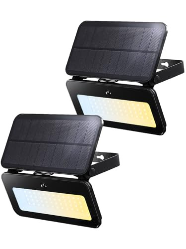 TORCHSTAR 3CCT LED Solar Power Motion Sensor Flood Light, 8W Motion Detector Flood Lighting Outdoor, L/M/H 3 Level Brightness, 3000K/4000K/6500K Selectable, 1200lm, IP65 Waterproof, Black, Pack of 2