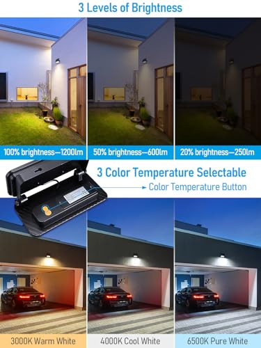 TORCHSTAR 3CCT LED Solar Power Motion Sensor Flood Light, 8W Motion Detector Flood Lighting Outdoor, L/M/H 3 Level Brightness, 3000K/4000K/6500K Selectable, 1200lm, IP65 Waterproof, Black, Pack of 2