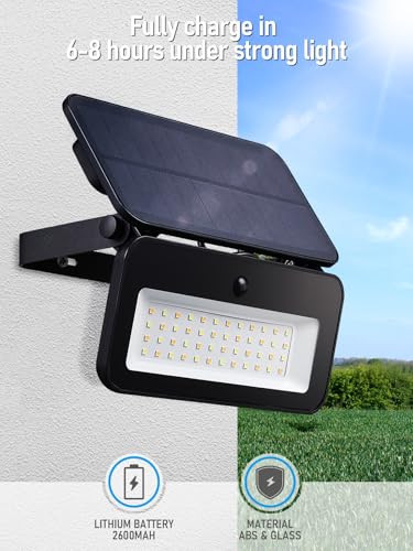 TORCHSTAR 3CCT LED Solar Power Motion Sensor Flood Light, 8W Motion Detector Flood Lighting Outdoor, L/M/H 3 Level Brightness, 3000K/4000K/6500K Selectable, 1200lm, IP65 Waterproof, Black, Pack of 2