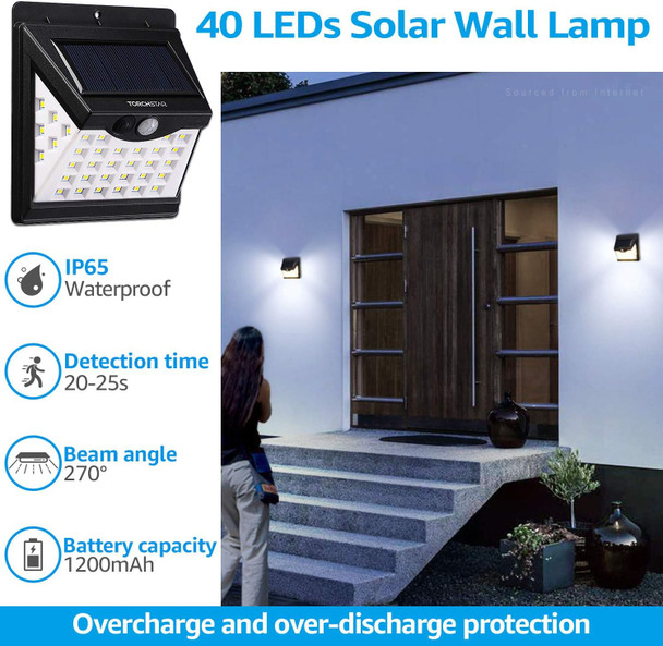 TORCHSTAR 40 LED Solar Lights Outdoor, Waterproof Motion Sensor Light, Cordless Security Lighting for Driveway, Patio, Garage, Porch, 6500K Pure White, Black, Pack of 4