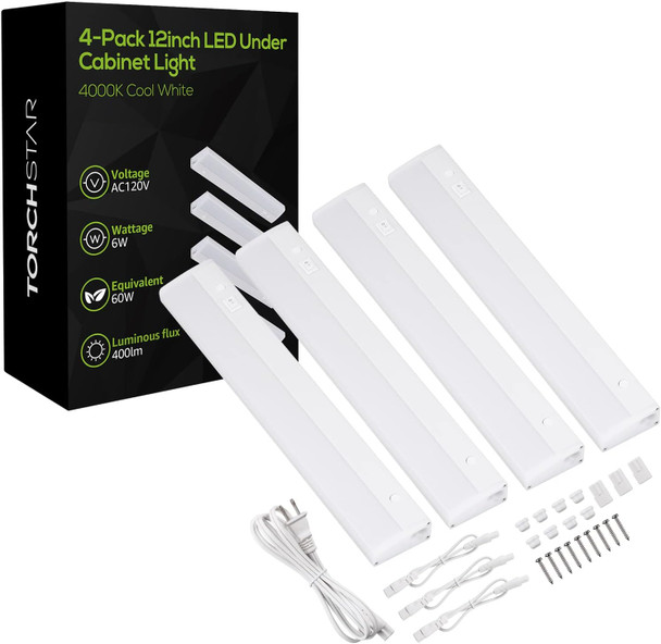 TORCHSTAR Plug in Under Cabinet Lighting, ETL Listed Linkable LED Under Cabinet Light Kit, Individual Control, 16 Inch, 4000K Cool White, 8W, Pack of 4