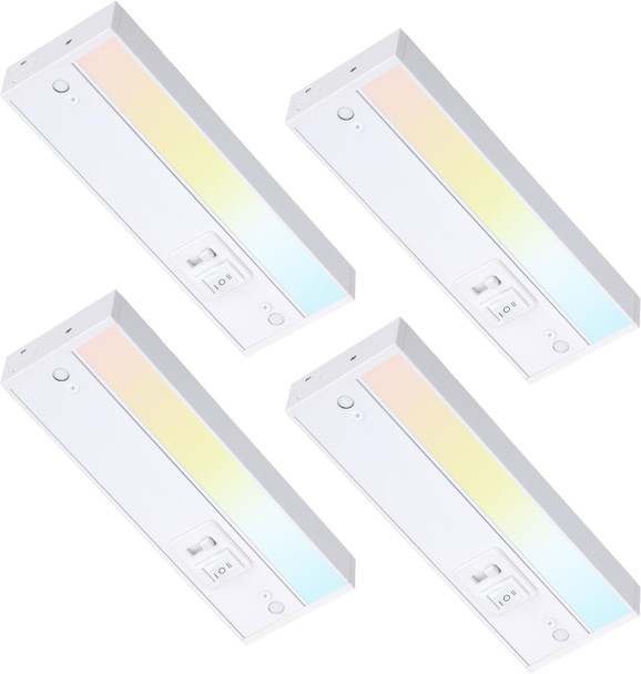 TORCHSTAR 12 Inch LED Under Cabinet Lighting 5CCT, ETL T24, 8W 600LM, Hardwired & Plug-in, 5 Color Selectable CRI90 120V Dimmable Under Counter Lights for Kitchen, White Aluminum Housing, 4 Pack