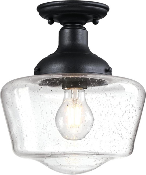 Westinghouse 6578300 Scholar 9 inch Vintage One-Light Semi-Flush Mount Outdoor Ceiling Light Fixture Textured Black Finish White Opal Glass