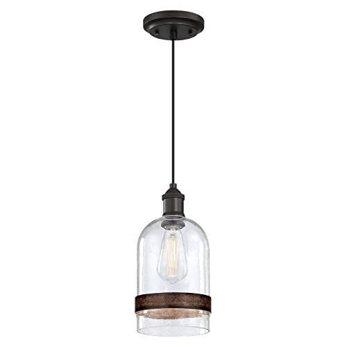 Westinghouse 6129800 Tarrant Craftsman-Style One Light Indoor Mini Pendant Black-Bronze Finish Clear Seeded Glass with Barnwood Band