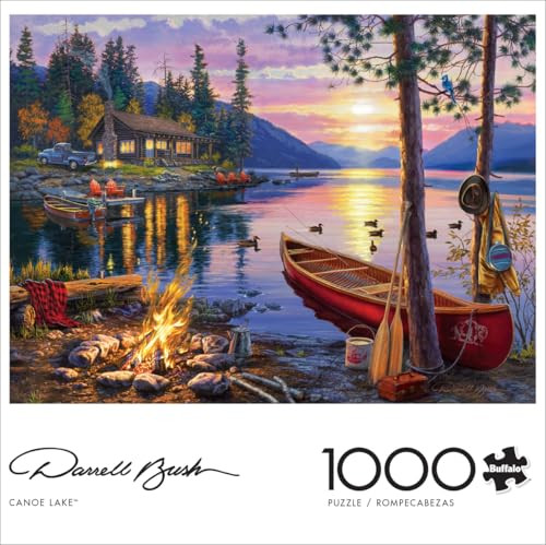 Buffalo Games - Canoe Lake 1000 Piece Puzzle for Adults - Jigsaw Puzzles “ Darrell Bush Cabin Sunset Artwork with Poster “ Challenging Outdoor Nature Scene